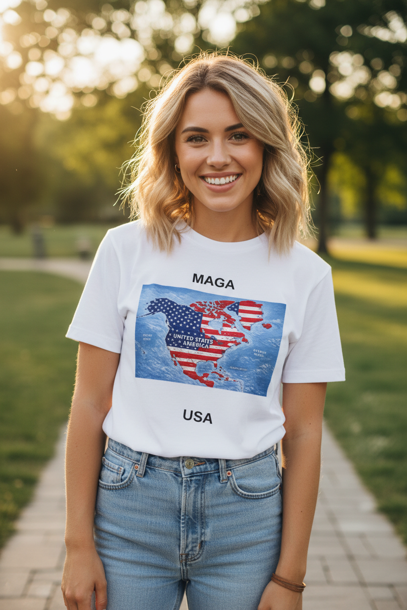 Woman wearing USA Pride Map patriotic t-shirt